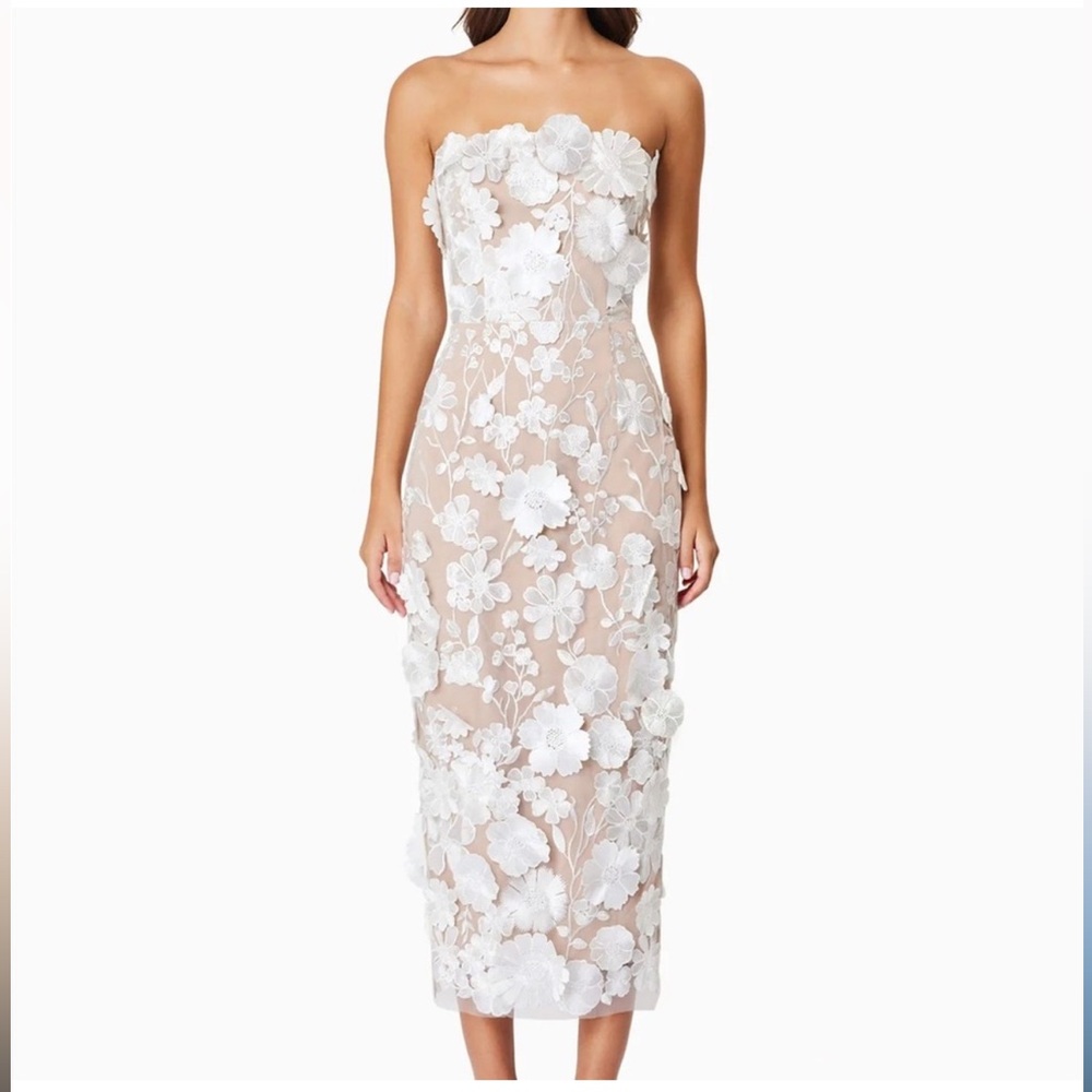 elliatt helena white strapless 3d floral embellished midi bridal dress small NEW